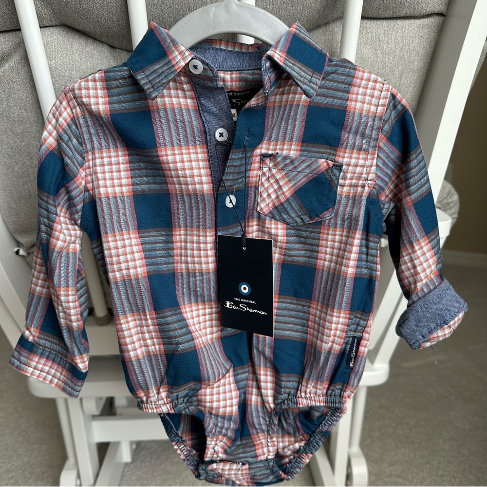 NWT- Ben Sherman Plaid Button collar Bodysuit 6/9m